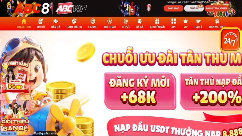Chuỗi ưu đãi tân thủ ABC8: đăng ký mới tặng 68K, nạp đầu thưởng 200%, nạp đầu bằng USDT thưởng thêm 0,8%