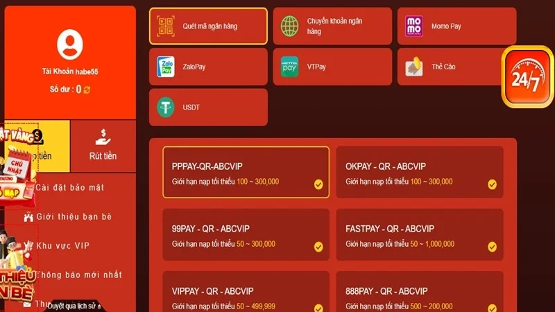 Giao diện nạp tiền ABC8 với các kênh ngân hàng, QR Code, ví điện tử và thẻ cào