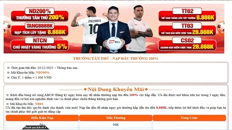 Bảng khuyến mãi ABC8 với mã ND200%, TANG8888K, NTCN, TT02, TT03 và CS02
